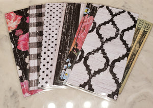 Laminated cash envelopes | set of 6| Barnwood Pretty 2 Black | Dave Ramsey inspired