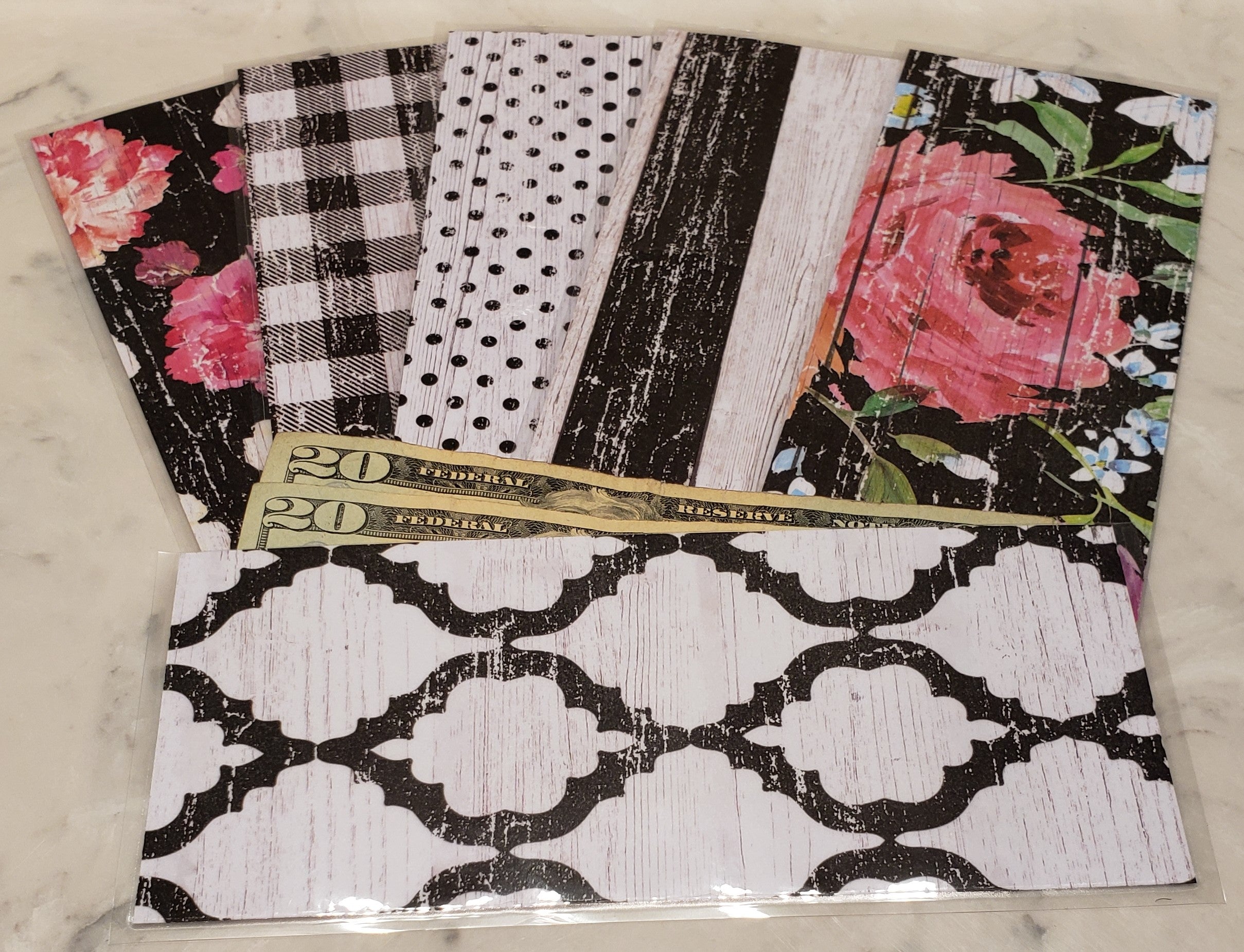 Laminated cash envelopes | set of 6| Barnwood Pretty 2 Black | Dave Ramsey inspired