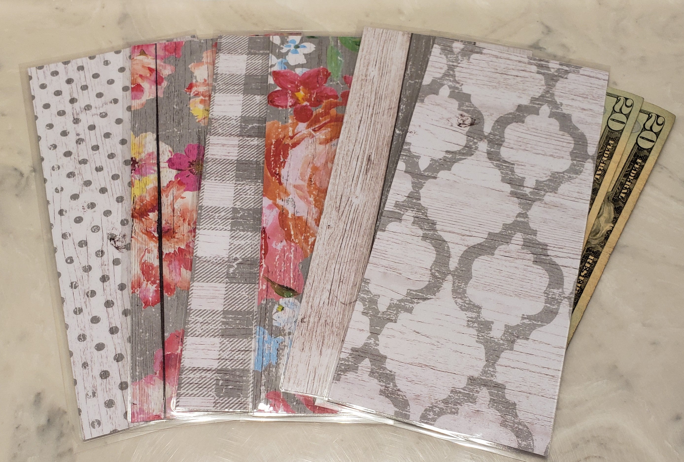 Laminated cash envelopes | set of 6| Barnwood Pretty 2 Gray | Dave Ramsey inspired