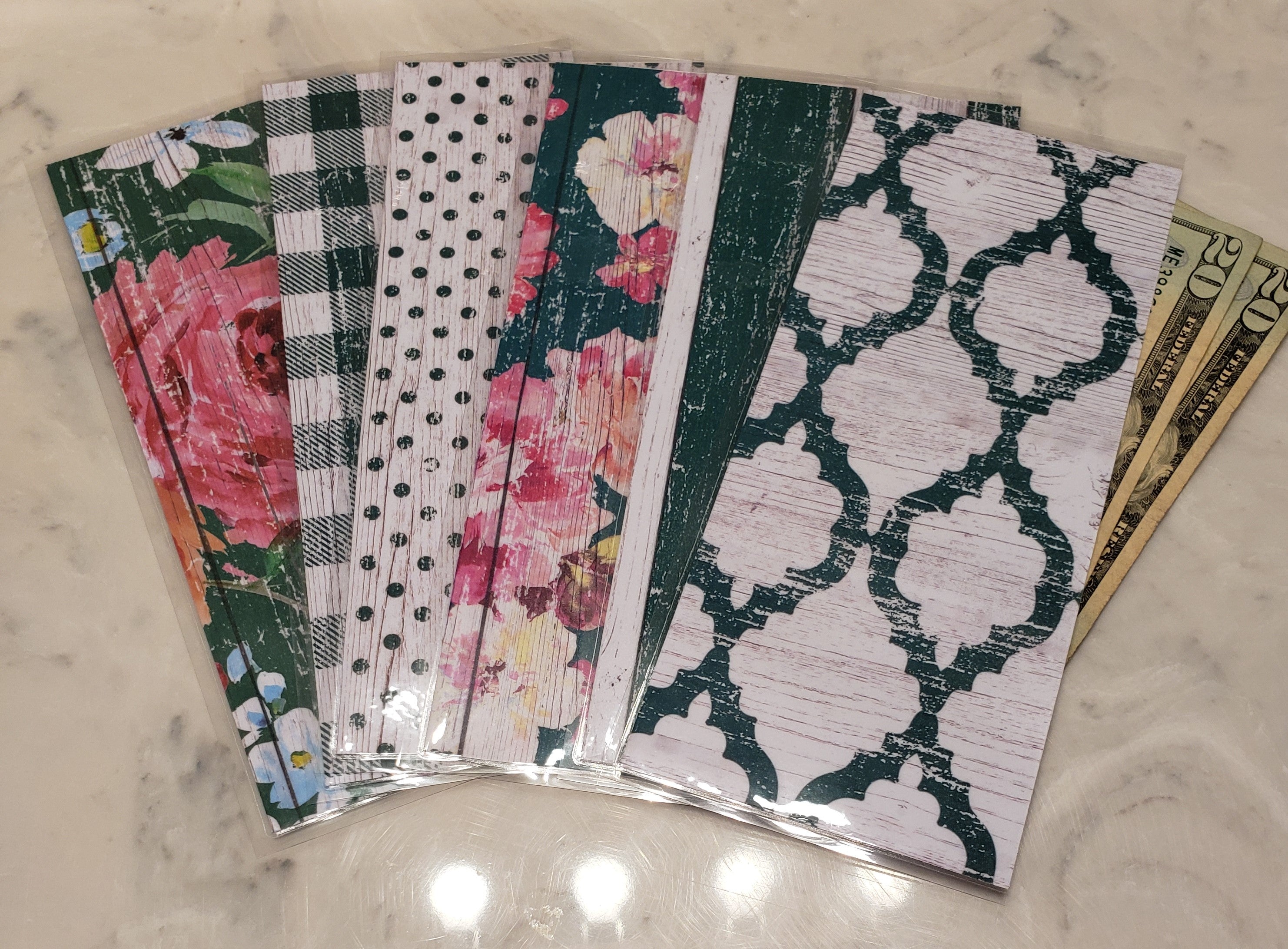 Laminated cash envelopes | set of 6| Barnwood Pretty 2 Green | Dave Ramsey inspired