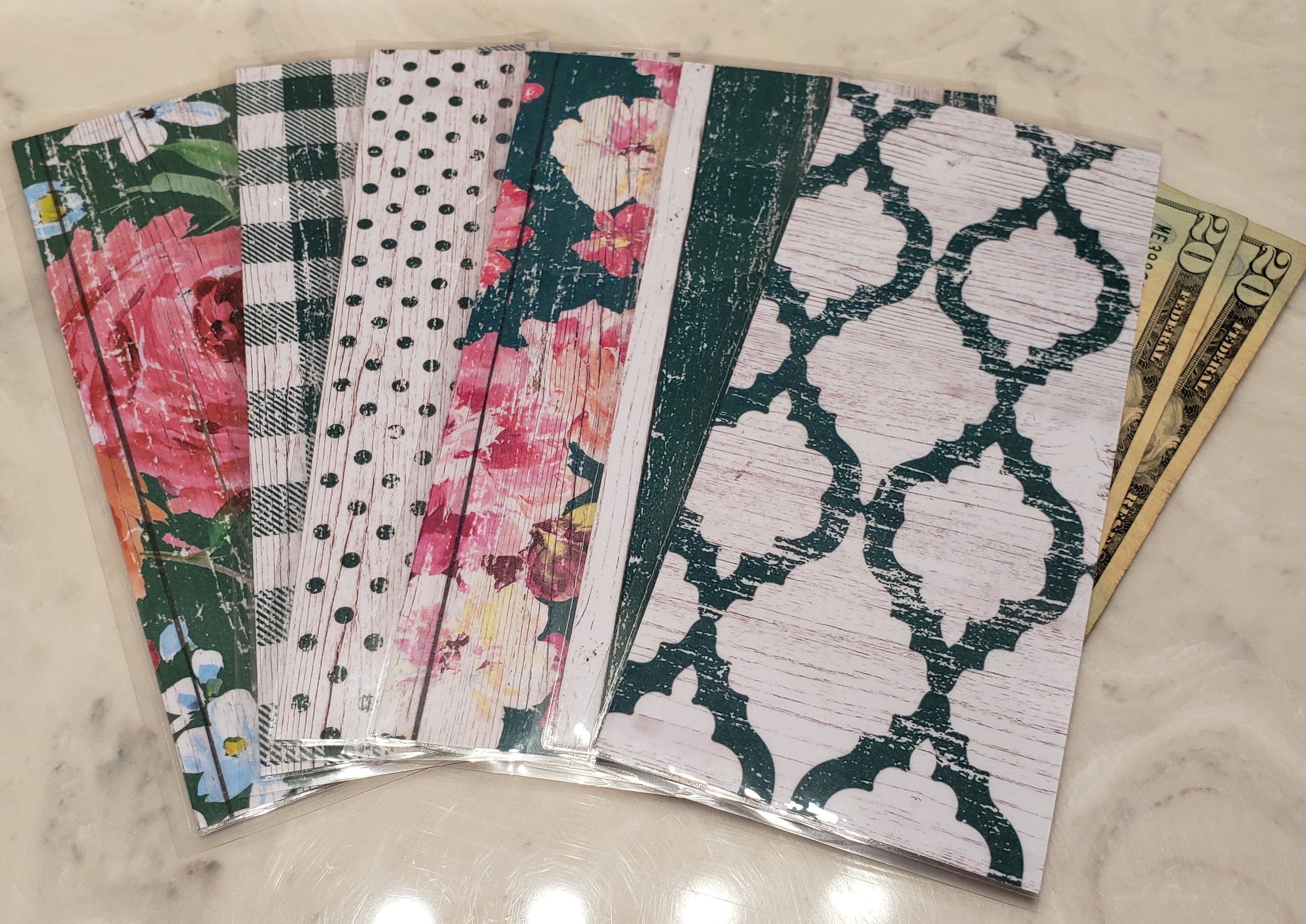 Laminated cash envelopes | set of 6| Barnwood Pretty 2 Green | Dave Ramsey inspired