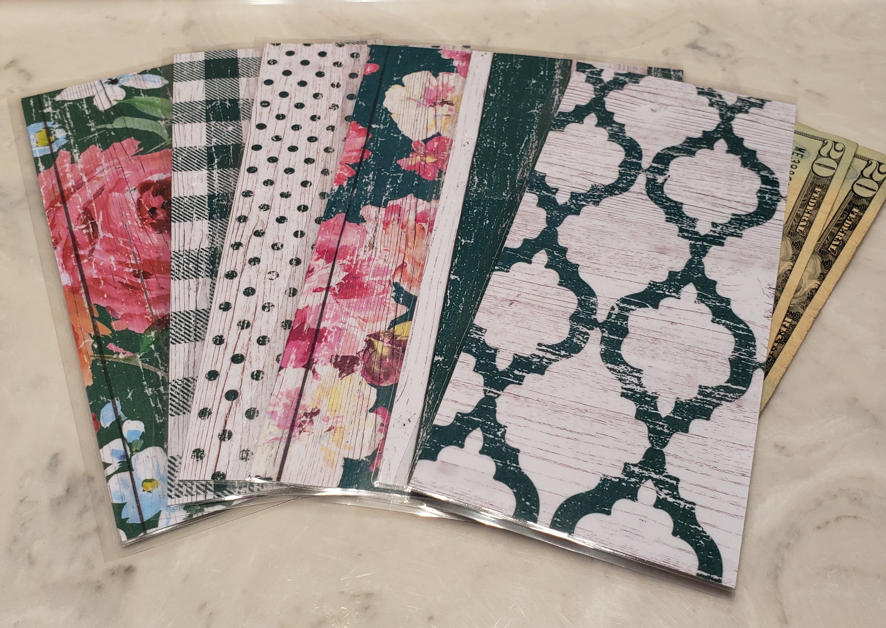 Laminated cash envelopes | set of 6| Barnwood Pretty 2 Green | Dave Ramsey inspired