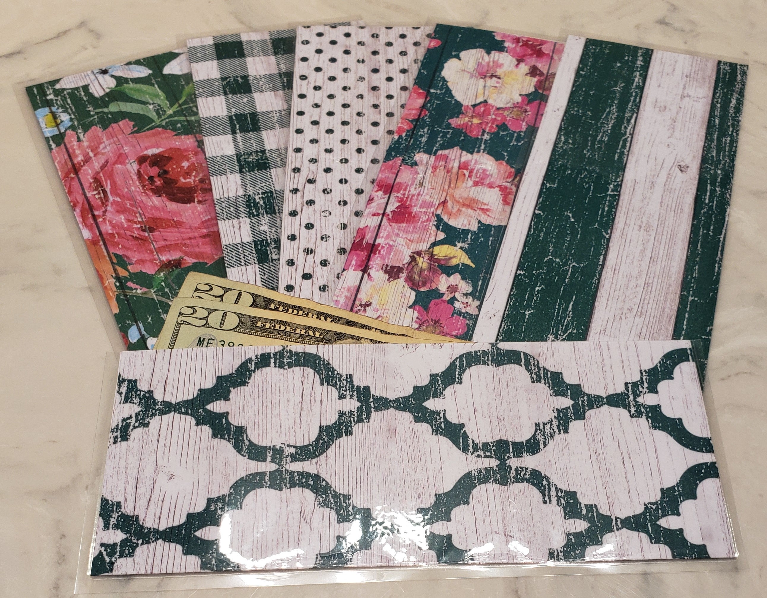 Laminated cash envelopes | set of 6| Barnwood Pretty 2 Green | Dave Ramsey inspired