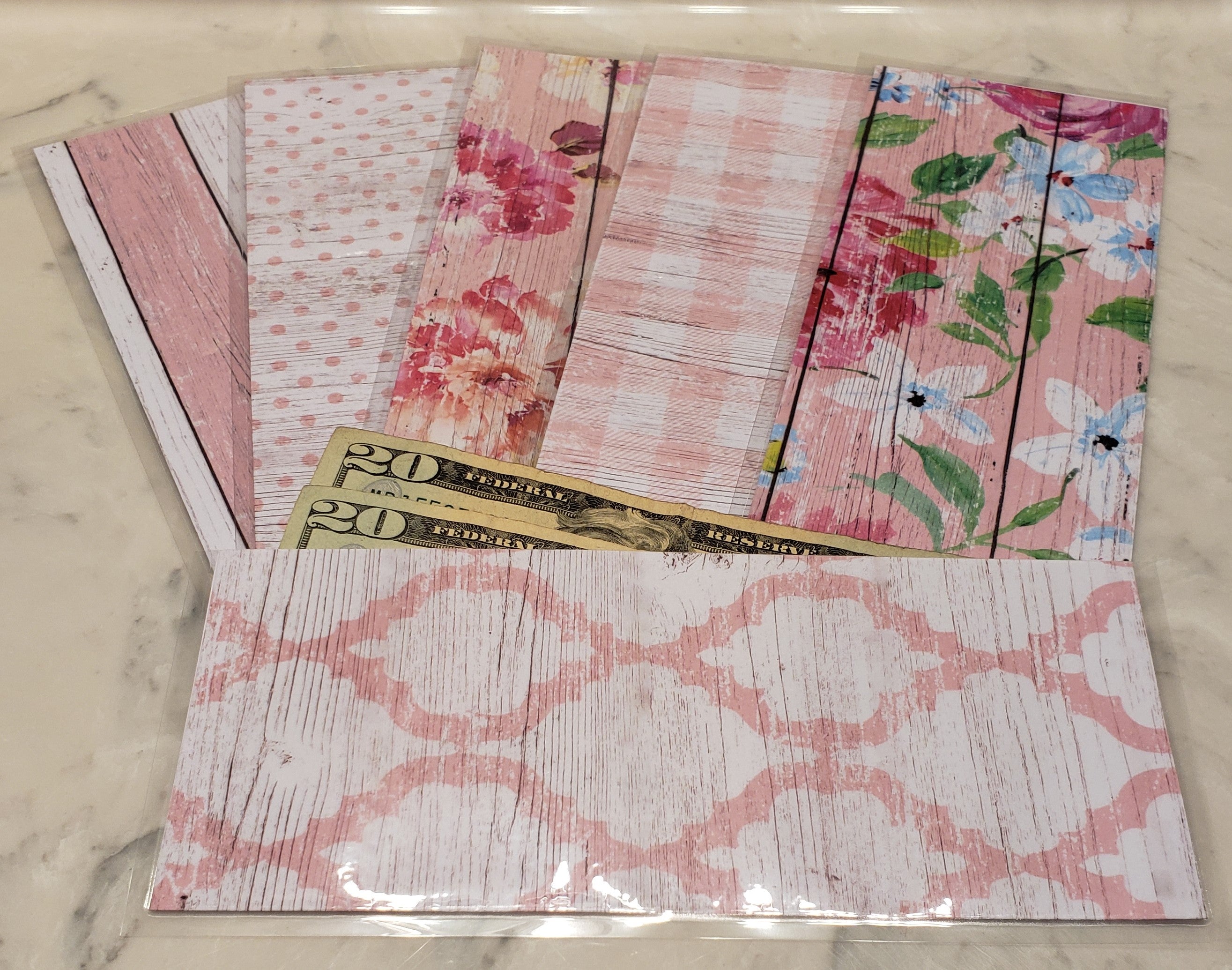 Laminated cash envelopes | set of 6| Barnwood Pretty 2 Light Pink | Dave Ramsey inspired