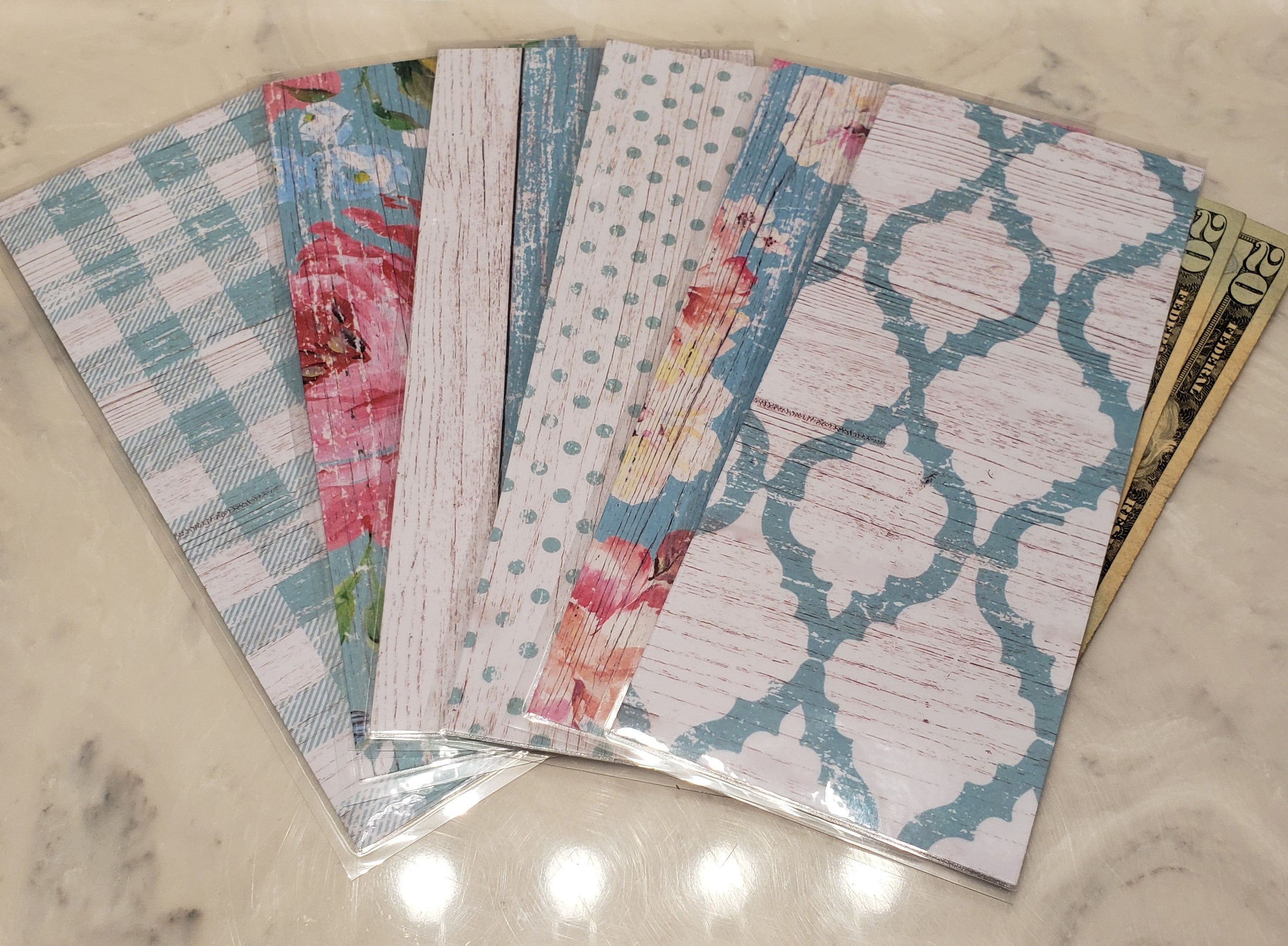 Laminated cash envelopes | set of 6| Barnwood Pretty 2 Teal | Dave Ramsey inspired