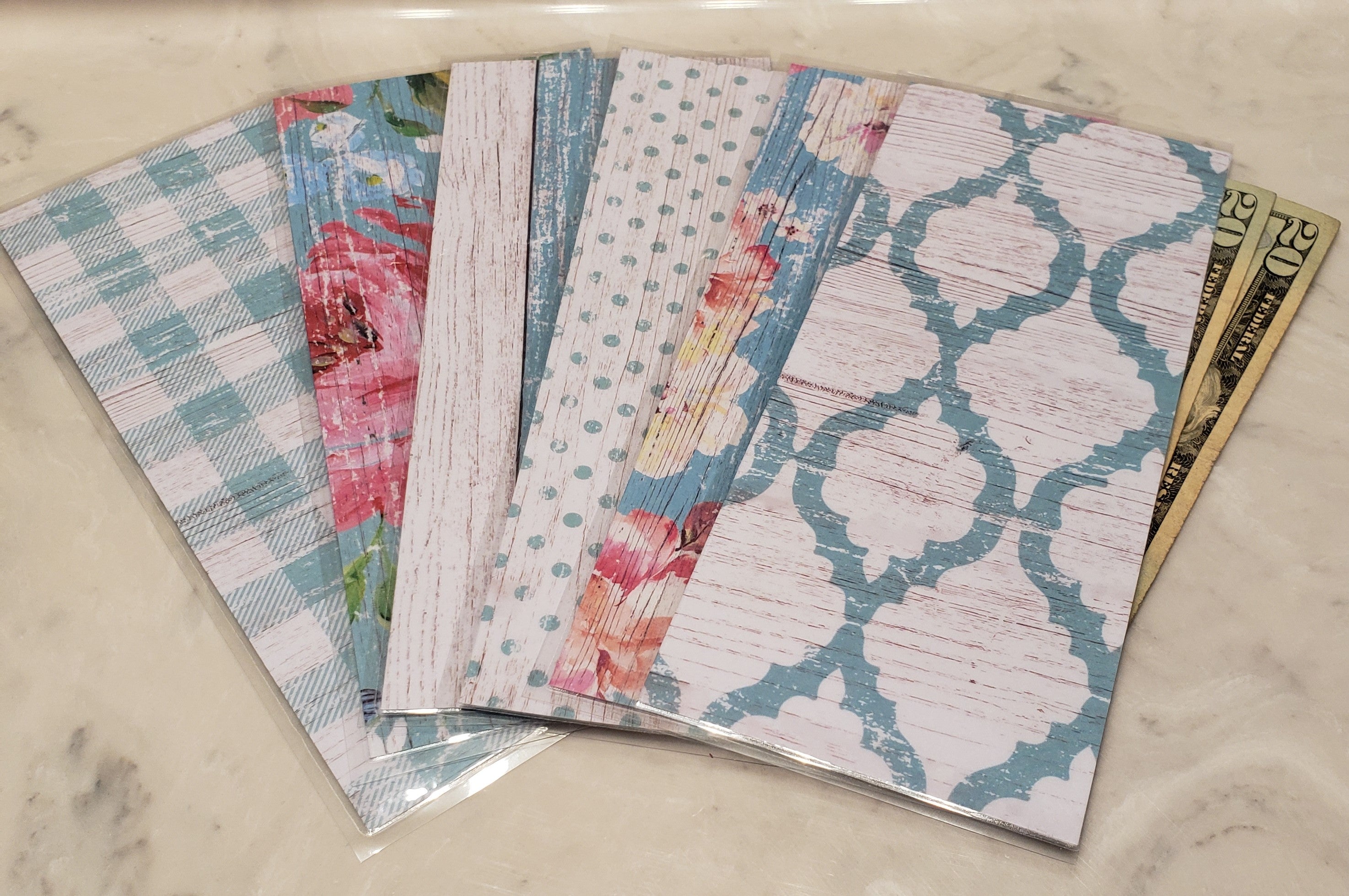 Laminated cash envelopes | set of 6| Barnwood Pretty 2 Teal | Dave Ramsey inspired