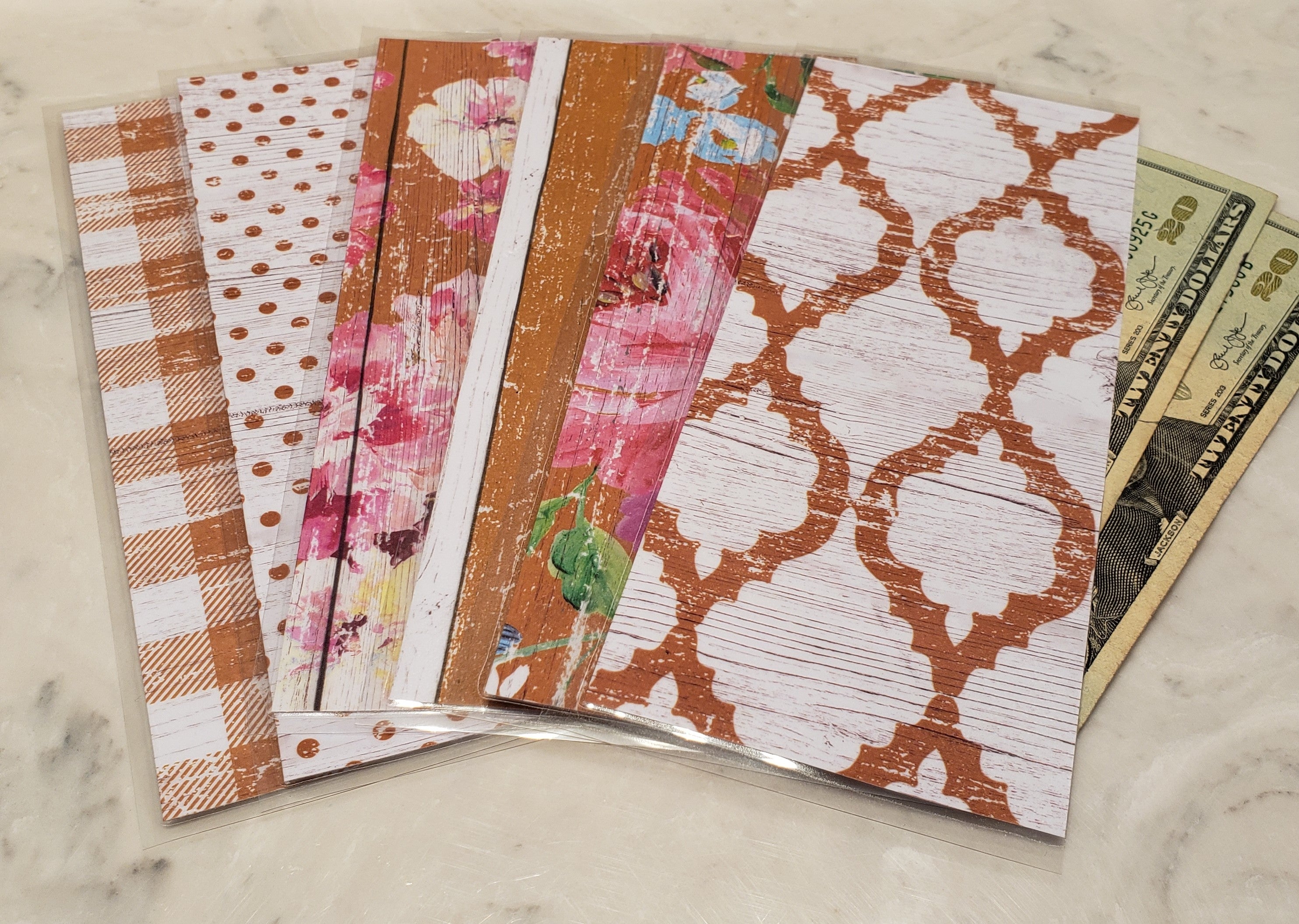 Laminated cash envelopes | set of 6| Barnwood Pretty 2 Tan | Dave Ramsey inspired