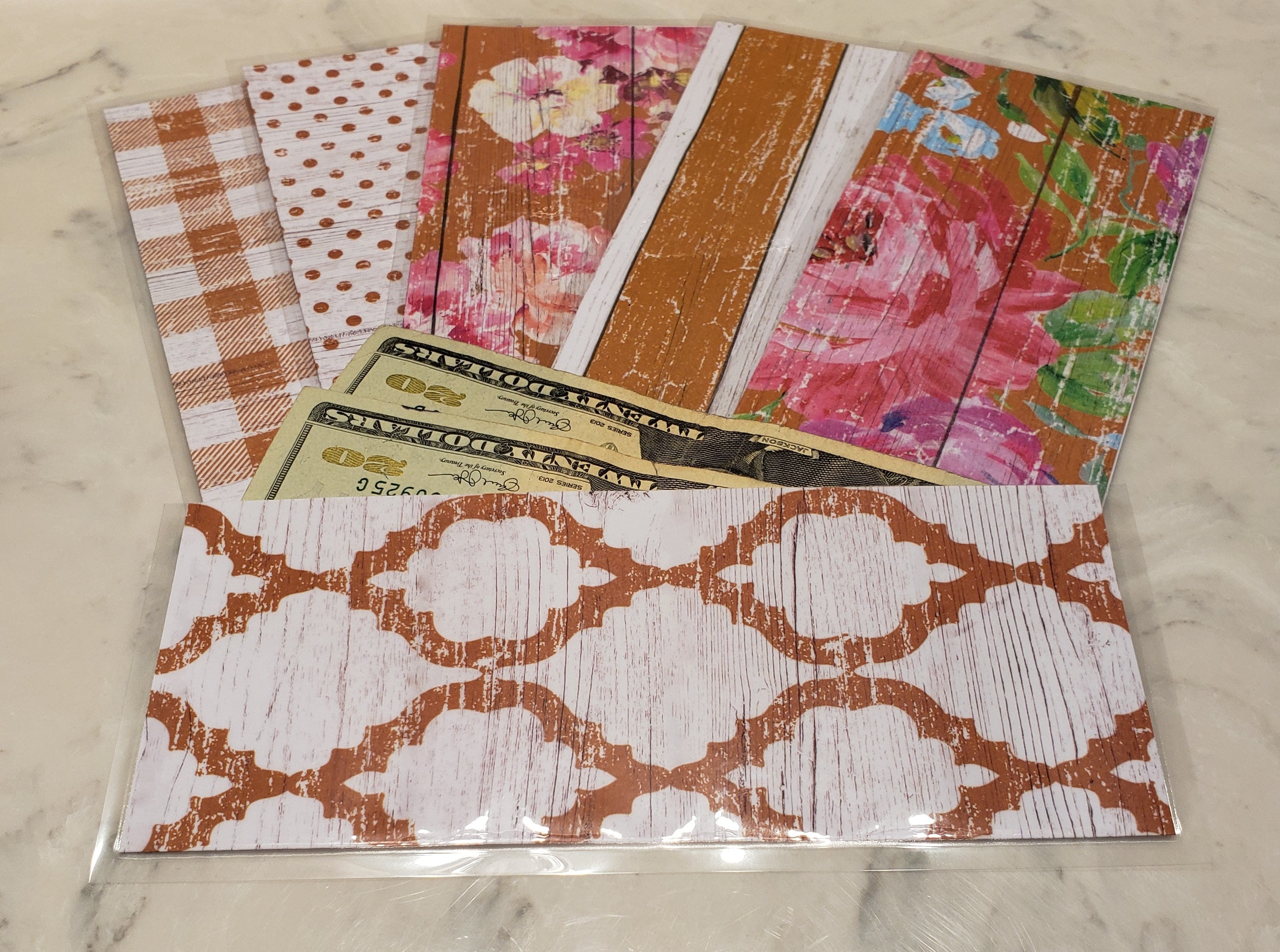 Laminated cash envelopes | set of 6| Barnwood Pretty 2 Tan | Dave Ramsey inspired